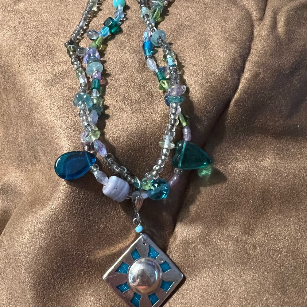Multicolor Blue & Green Beaded Pendant Necklace